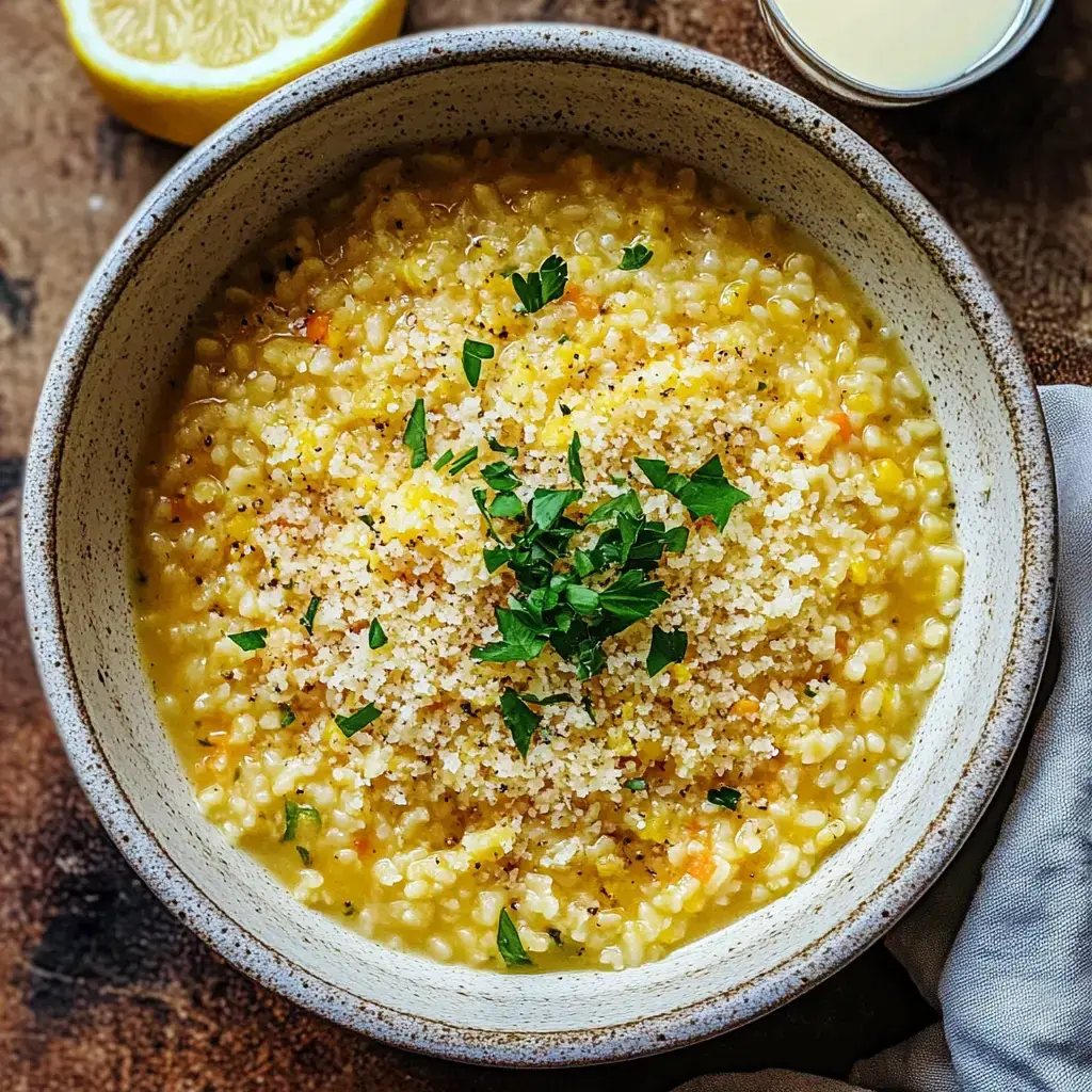 A bowl of creamy yellow grain dish topped with parsley and breadcrumbs, accompanied by a lemon wedge.