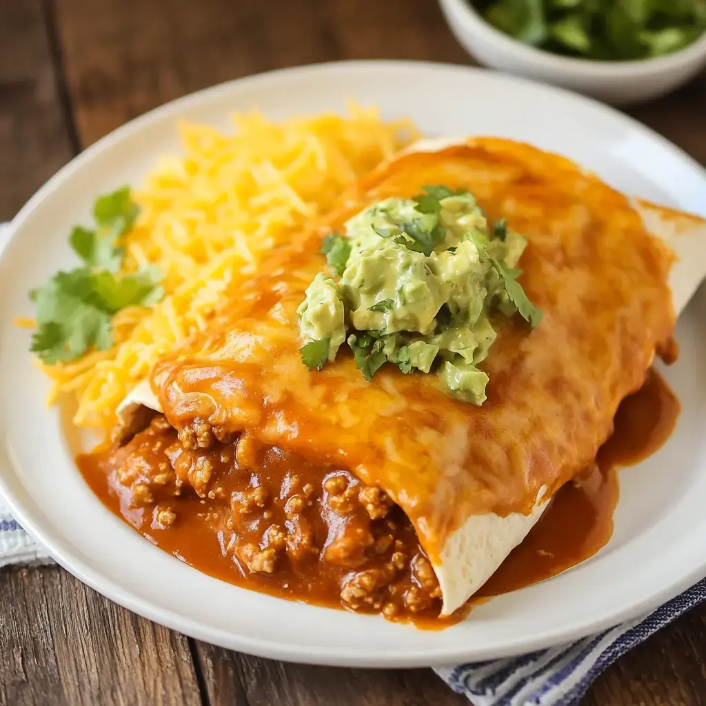 A plate of enchiladas topped with cheese, cilantro, and guacamole, accompanied by shredded cheese and garnished with fresh cilantro.