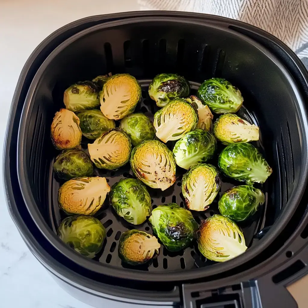 An air fryer basket containing a batch of roasted Brussels sprouts.