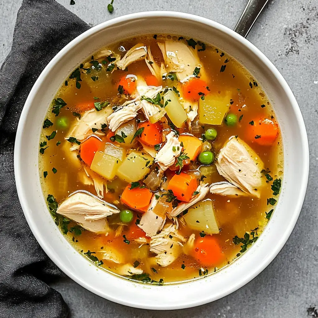 A bowl of chicken soup filled with shredded chicken, carrots, peas, potatoes, and herbs in clear broth.