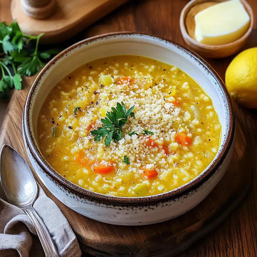 A bowl of creamy yellow soup with carrots and herbs, topped with grated cheese, sits on a wooden surface alongside a lemon and a small dish of butter.