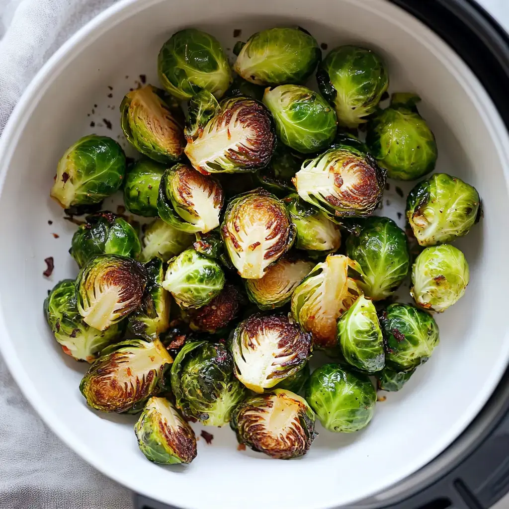 A bowl of roasted Brussels sprouts with a golden-brown exterior and bright green leaves.