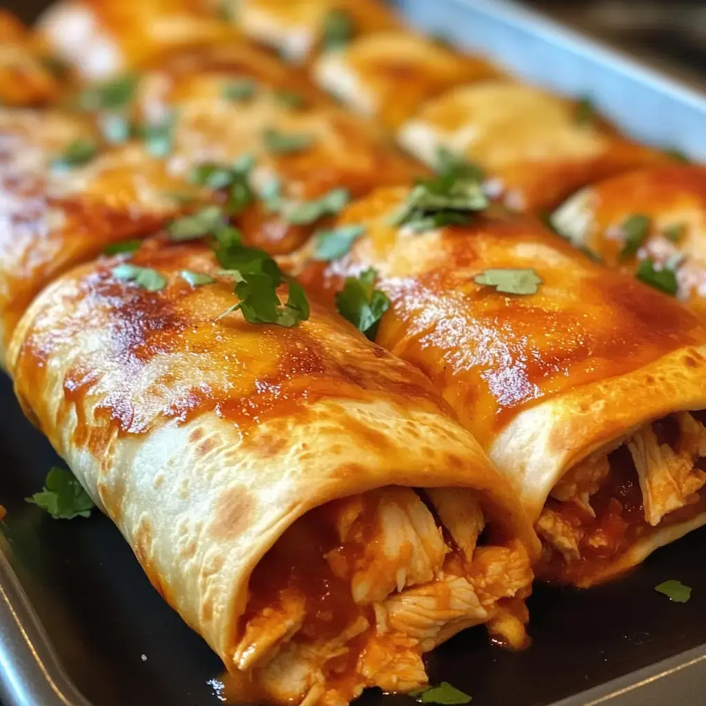 A close-up of baked enchiladas topped with melted cheese and garnished with cilantro.