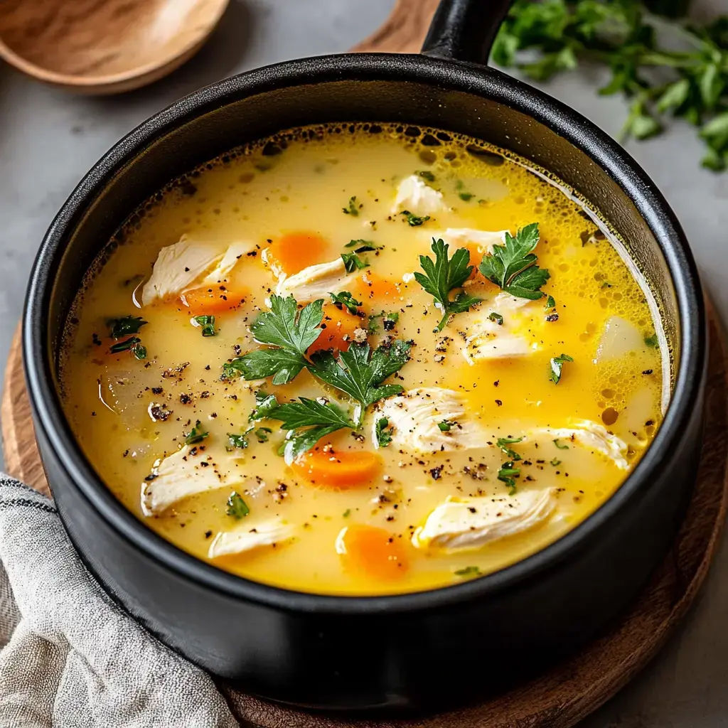 A close-up of a hearty chicken soup in a black pot, garnished with parsley and featuring chunks of chicken and carrots in a yellow broth.