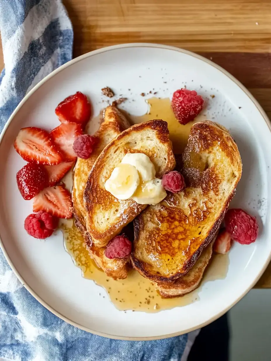 A plate of French toast topped with slices of banana, fresh raspberries, and strawberries, drizzled with syrup.