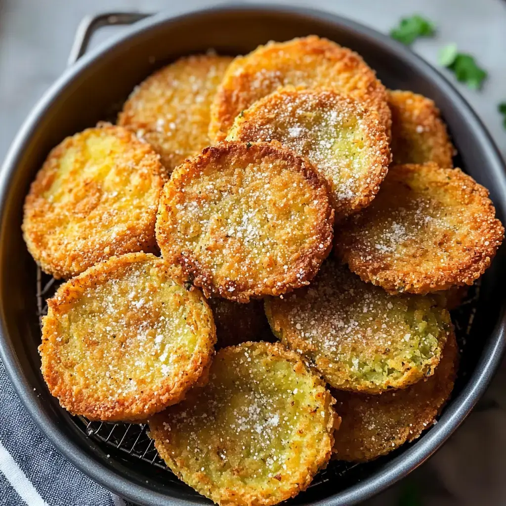 A close-up of a basket filled with golden-brown, circular fried green tomatoes, lightly sprinkled with a dusting of seasoning.