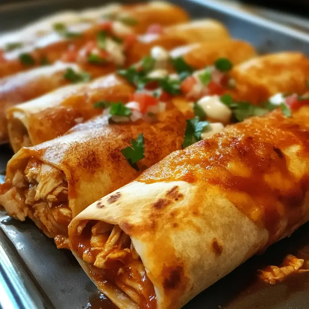 A close-up of chicken enchiladas topped with red sauce, diced tomatoes, and cilantro on a serving tray.