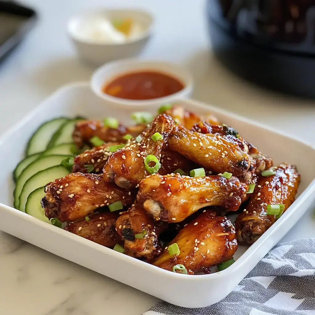 A white bowl filled with glazed chicken wings garnished with green onions and sesame seeds, served alongside sliced cucumbers and a small bowl of dipping sauce.