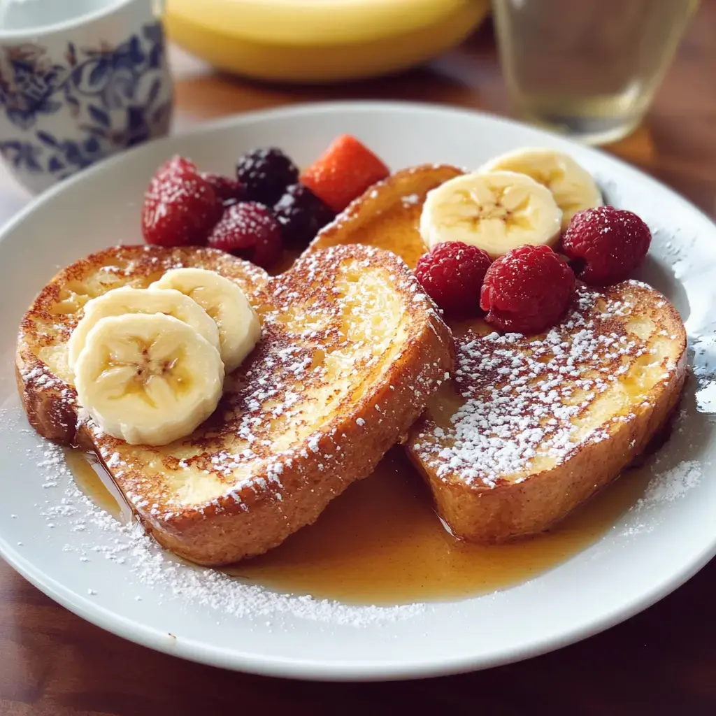 A plate of French toast topped with banana slices, fresh berries, and powdered sugar, drizzled with syrup.