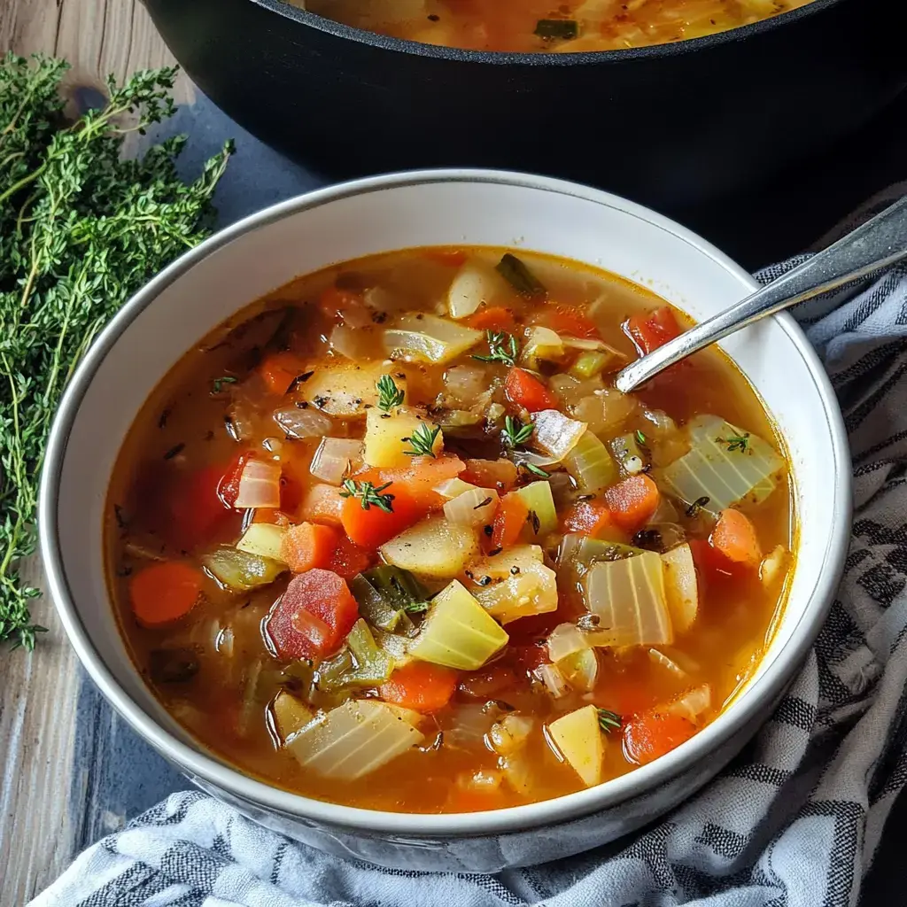 A bowl of hearty vegetable soup garnished with fresh thyme, alongside a pot of soup and a plaid cloth.