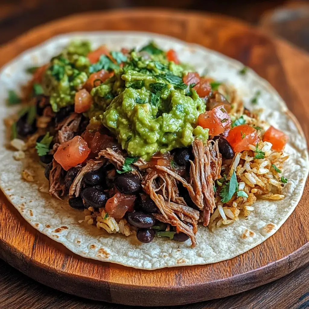 A close-up of a tortilla filled with rice, black beans, shredded meat, diced tomatoes, and topped with guacamole and cilantro, served on a wooden plate.