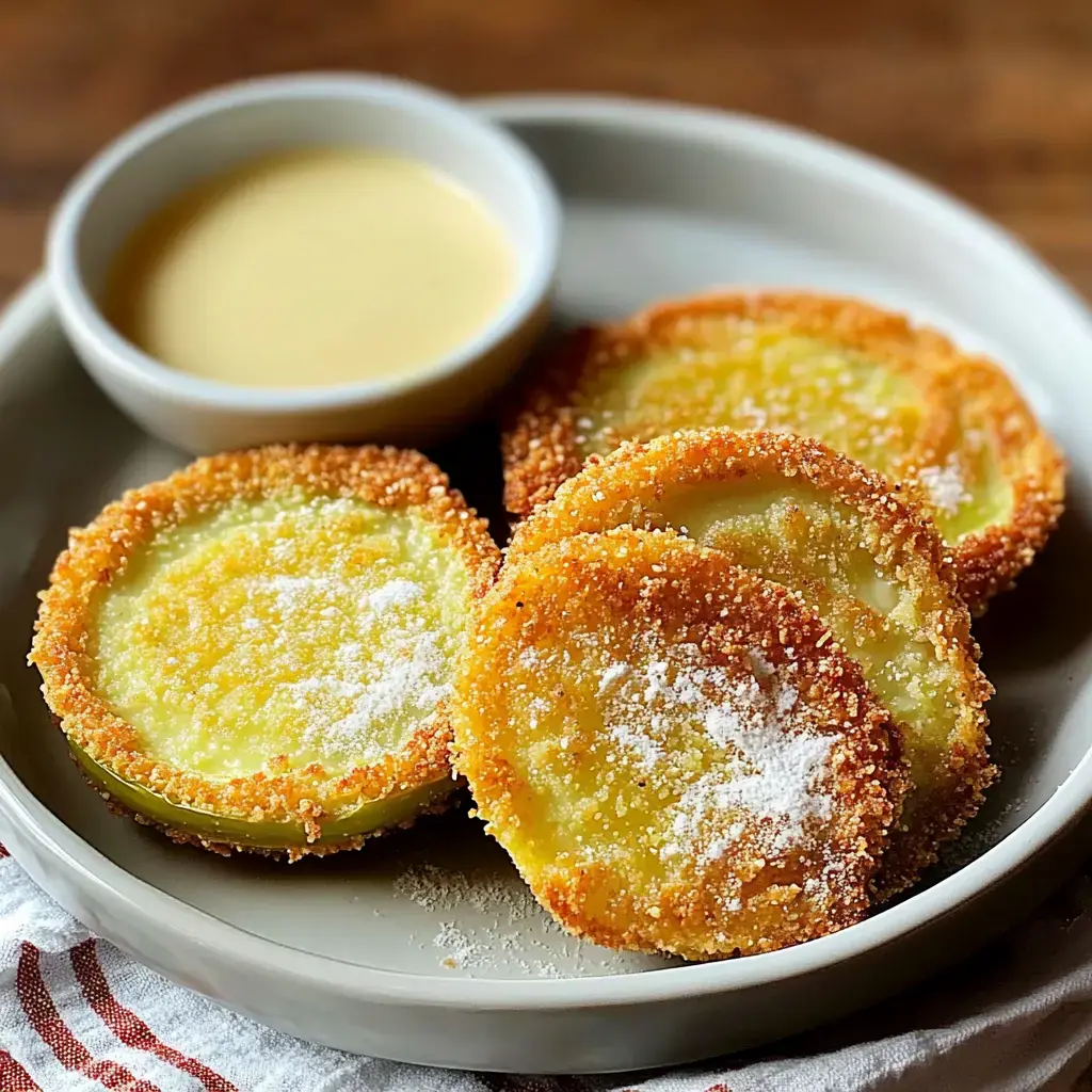 A plate of three golden-brown fried slices, dusted with powdered sugar, accompanied by a small bowl of creamy dipping sauce.