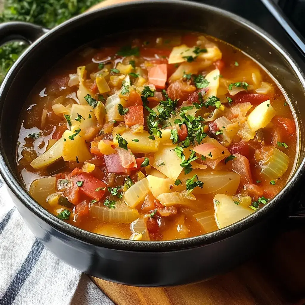 A close-up of a black pot filled with a colorful vegetable soup garnished with chopped herbs.