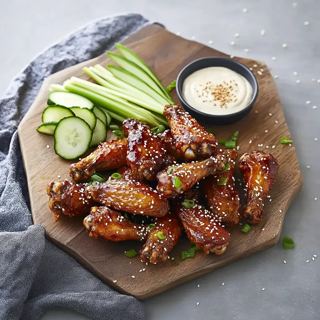 A wooden platter holds glazed chicken wings garnished with sesame seeds and green onions, accompanied by cucumber slices, celery sticks, and a small bowl of dipping sauce.