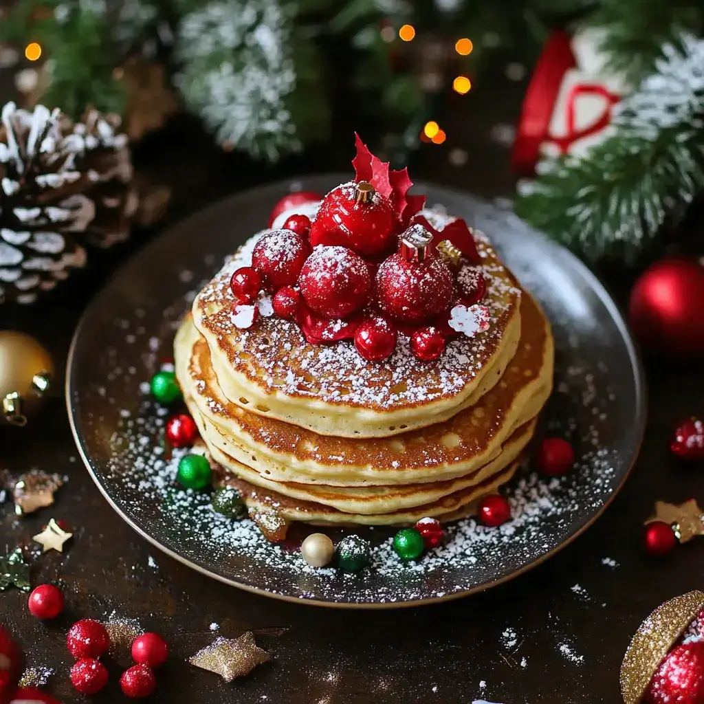 A plate of stacked pancakes is topped with festive decorations, including red berries and ornaments, surrounded by holiday-themed decorations.