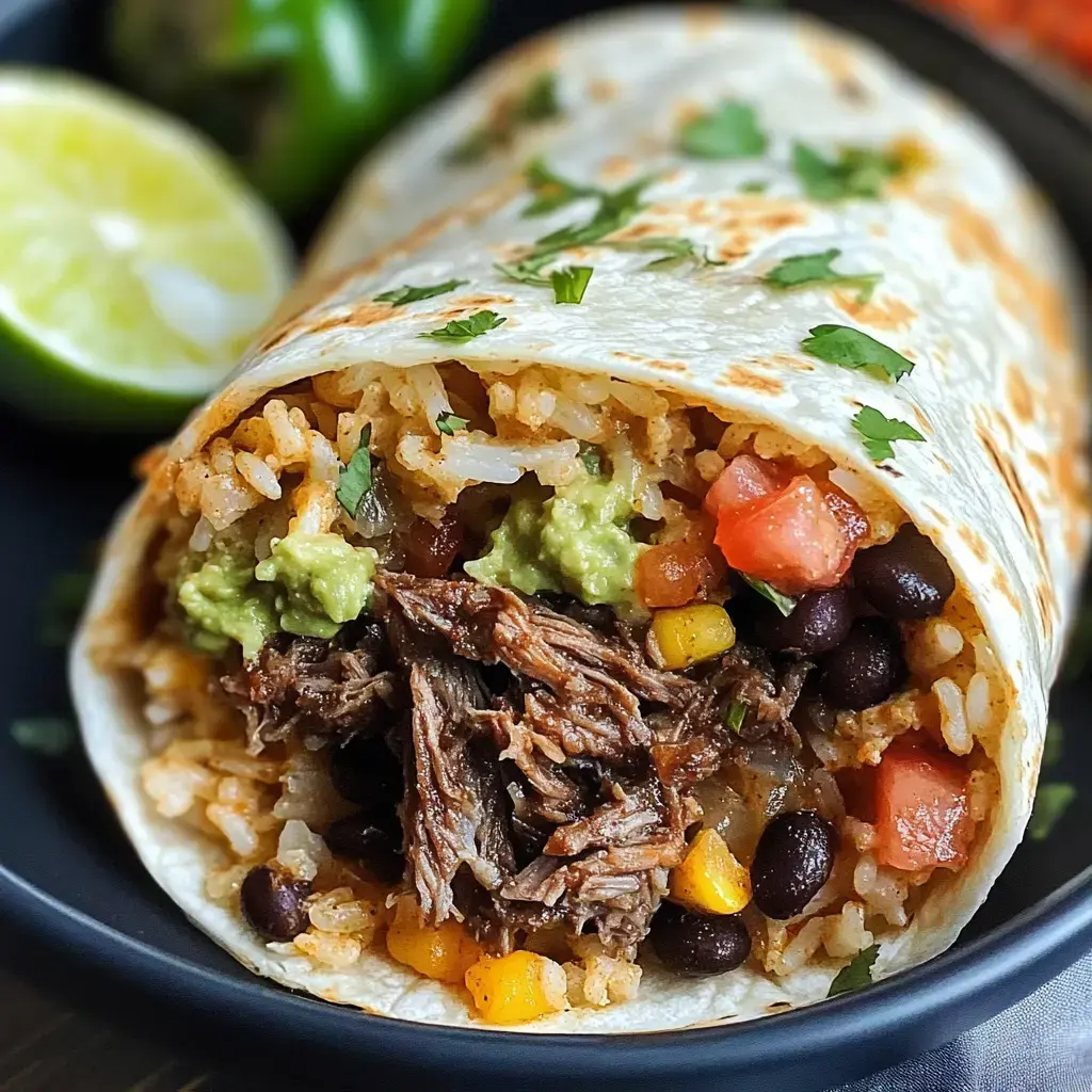 A close-up of a burrito filled with rice, black beans, shredded beef, guacamole, and diced tomatoes, garnished with fresh cilantro and served with a lime wedge.