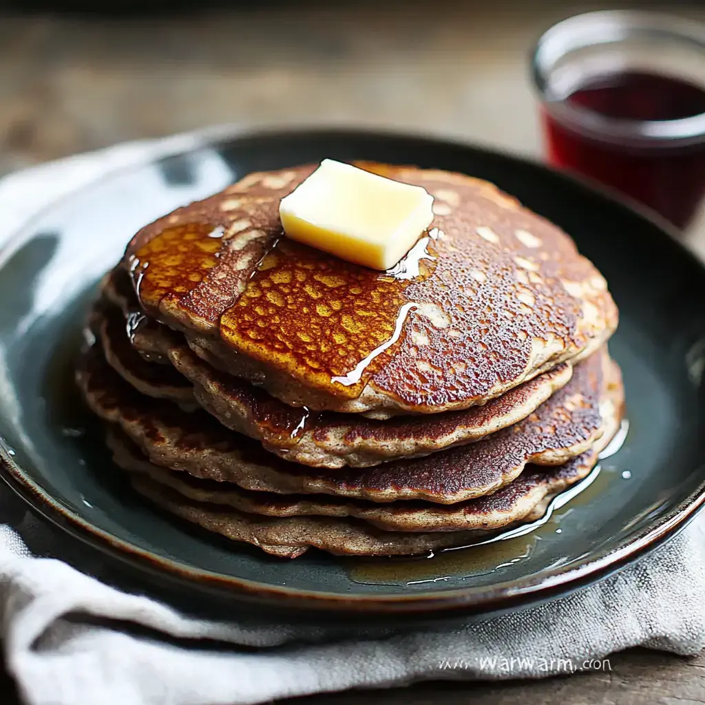 A stack of golden-brown pancakes topped with a pat of butter and drizzled with syrup, served on a dark plate with a small glass of syrup in the background.