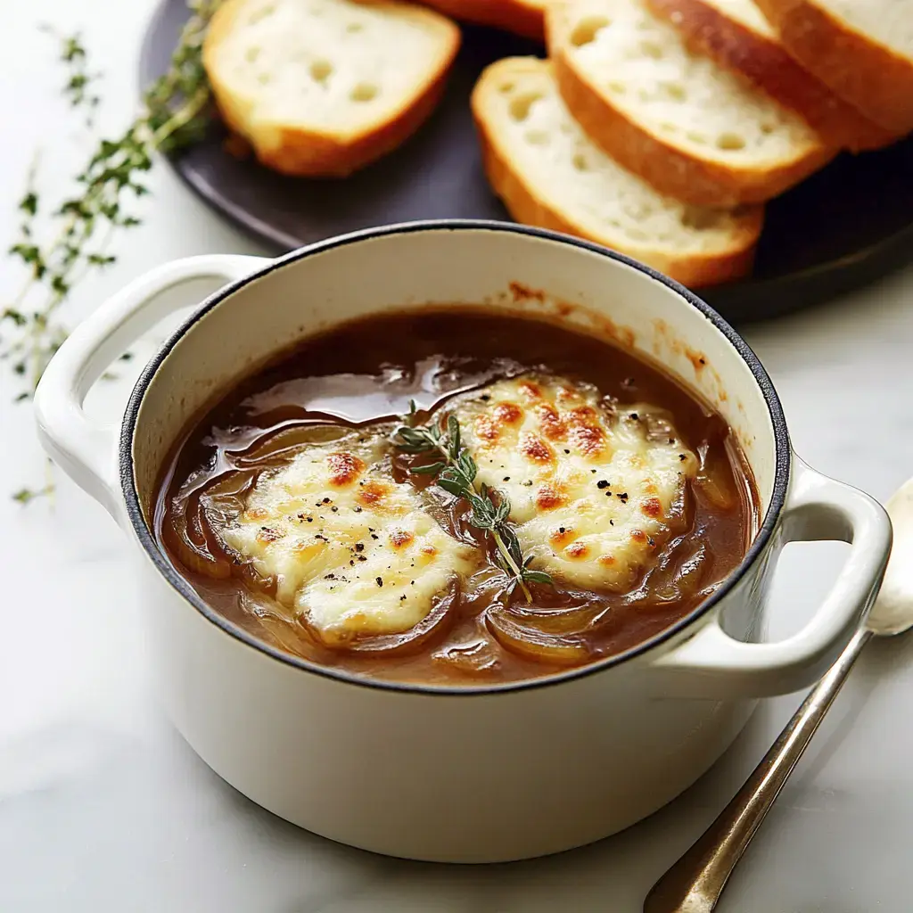 A bowl of French onion soup with melted cheese and thyme, accompanied by slices of crusty bread.