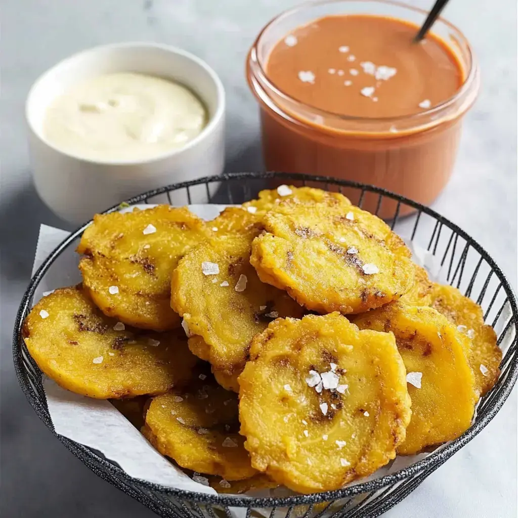 A bowl of golden fried plantains sprinkled with salt, accompanied by two dipping sauces in small containers.