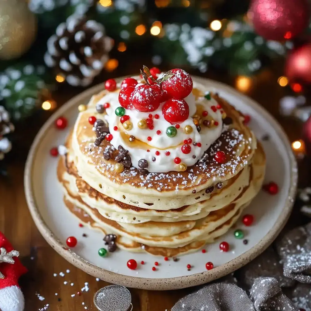 A stack of decorated pancakes topped with whipped cream, colorful sprinkles, and red berries, set against a festive background with holiday decor.