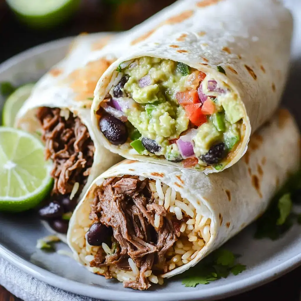 A plate of two burritos filled with guacamole, vegetables, and shredded beef, accompanied by lime wedges.