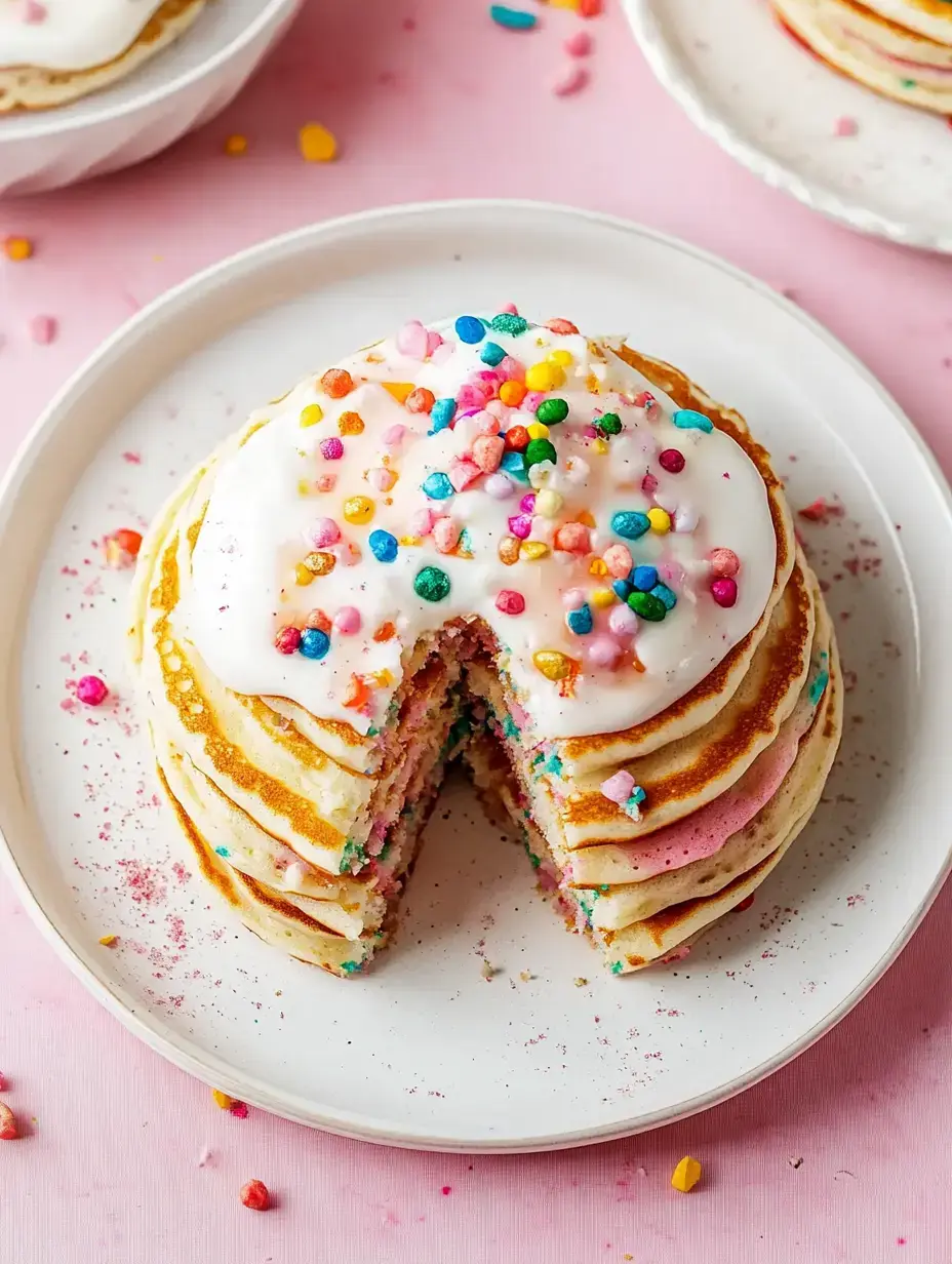 A colorful stacked pancake cake with a slice cut out, topped with icing and sprinkles, sitting on a white plate against a pink background.