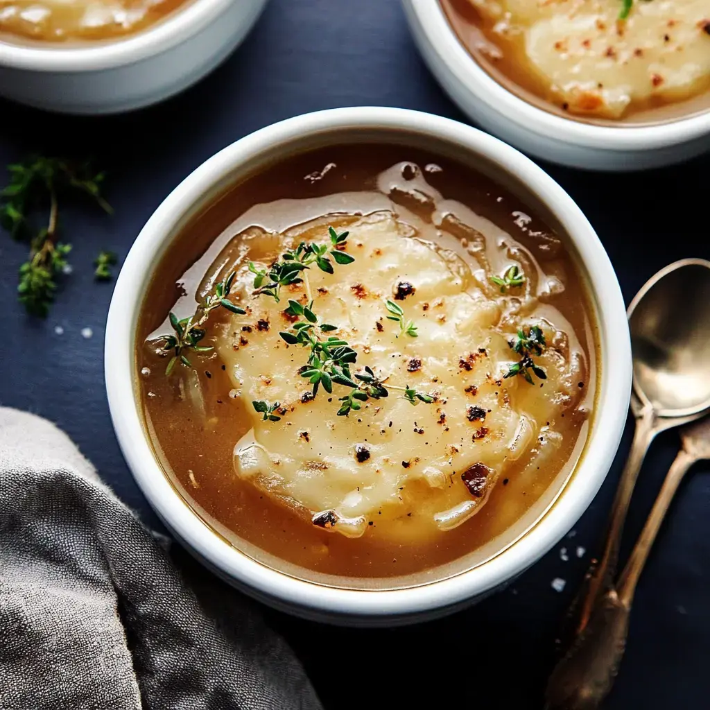 A close-up of a bowl of creamy soup topped with cheese and fresh thyme, beside a textured cloth and silver spoons.