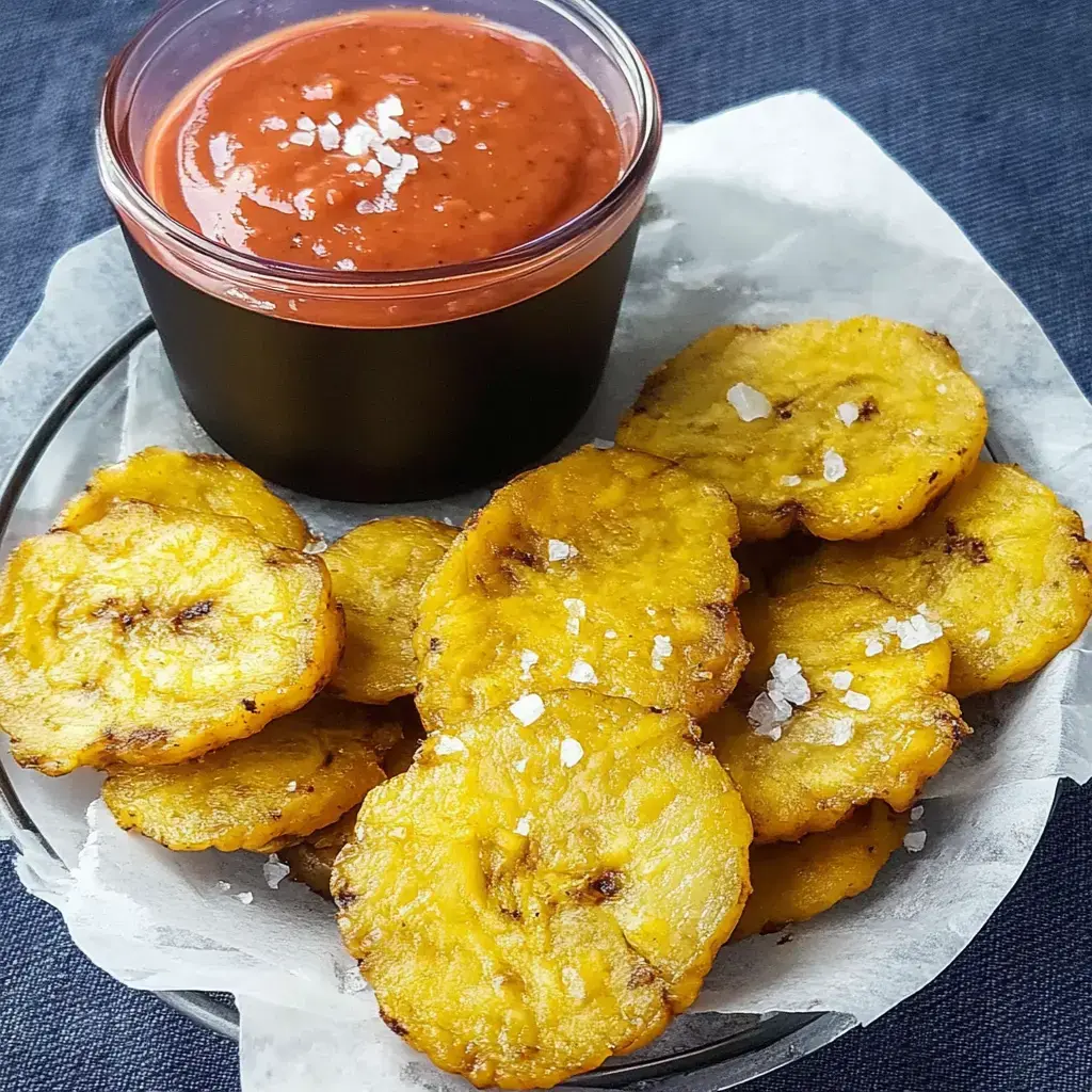 A plate of crispy fried plantain slices sprinkled with salt, accompanied by a small glass of dipping sauce.