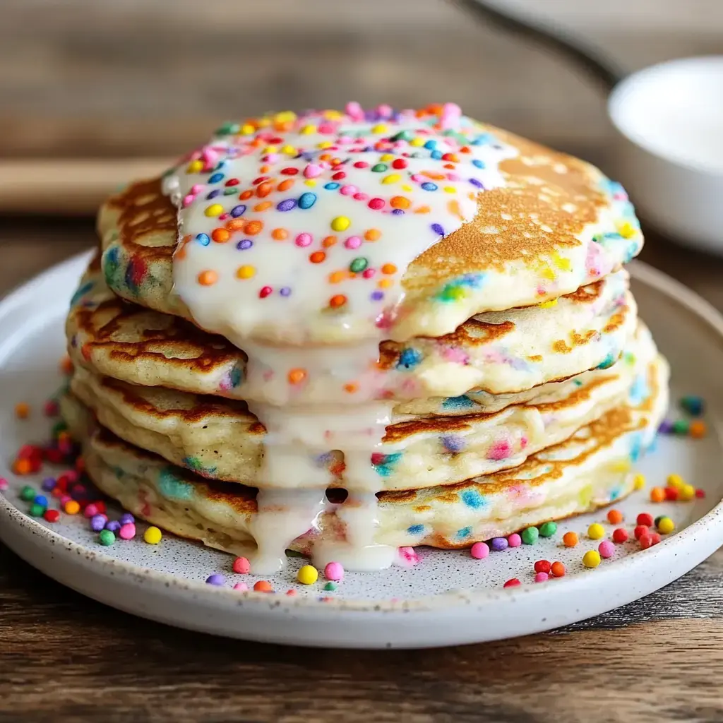 A stack of colorful pancakes topped with icing and sprinkles, served on a white plate.