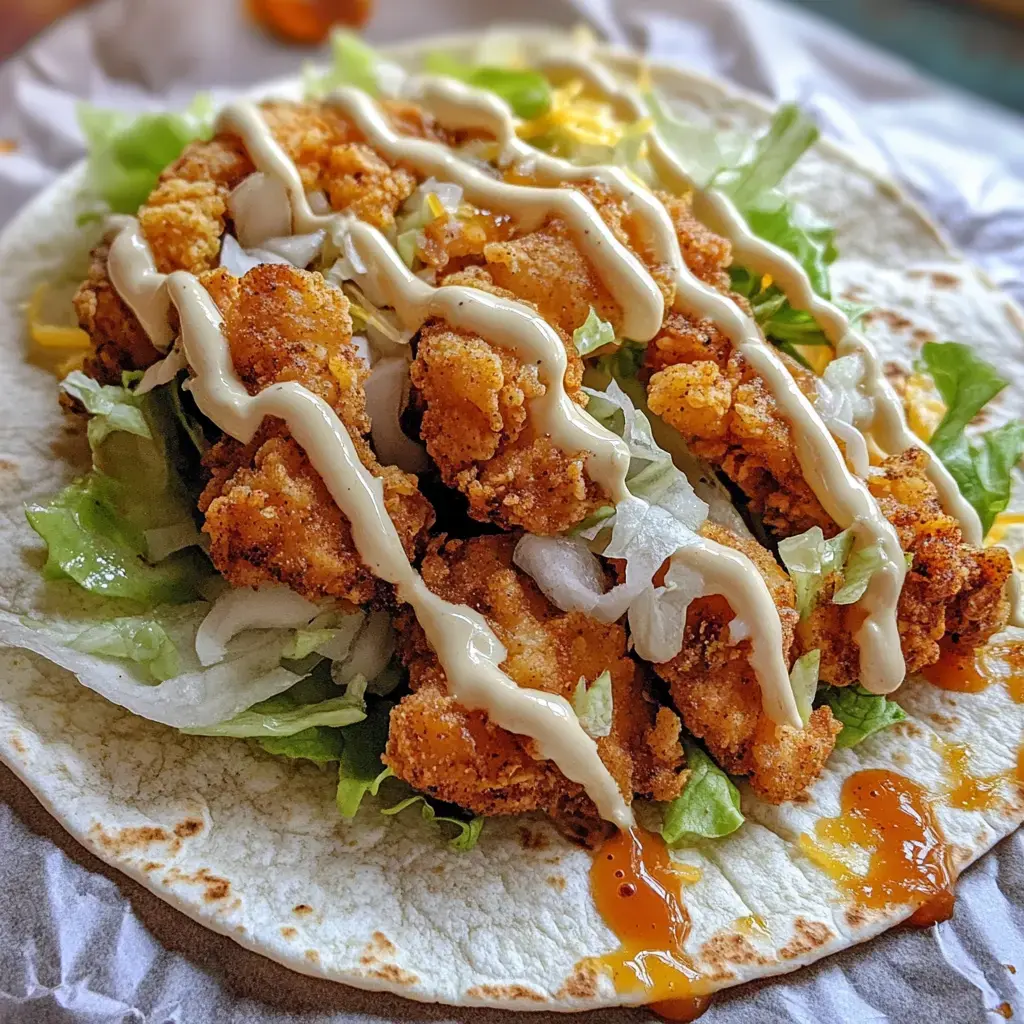 A fried chicken taco is filled with crispy chicken pieces, lettuce, onions, and drizzled with mayonnaise and sauce on a flour tortilla.