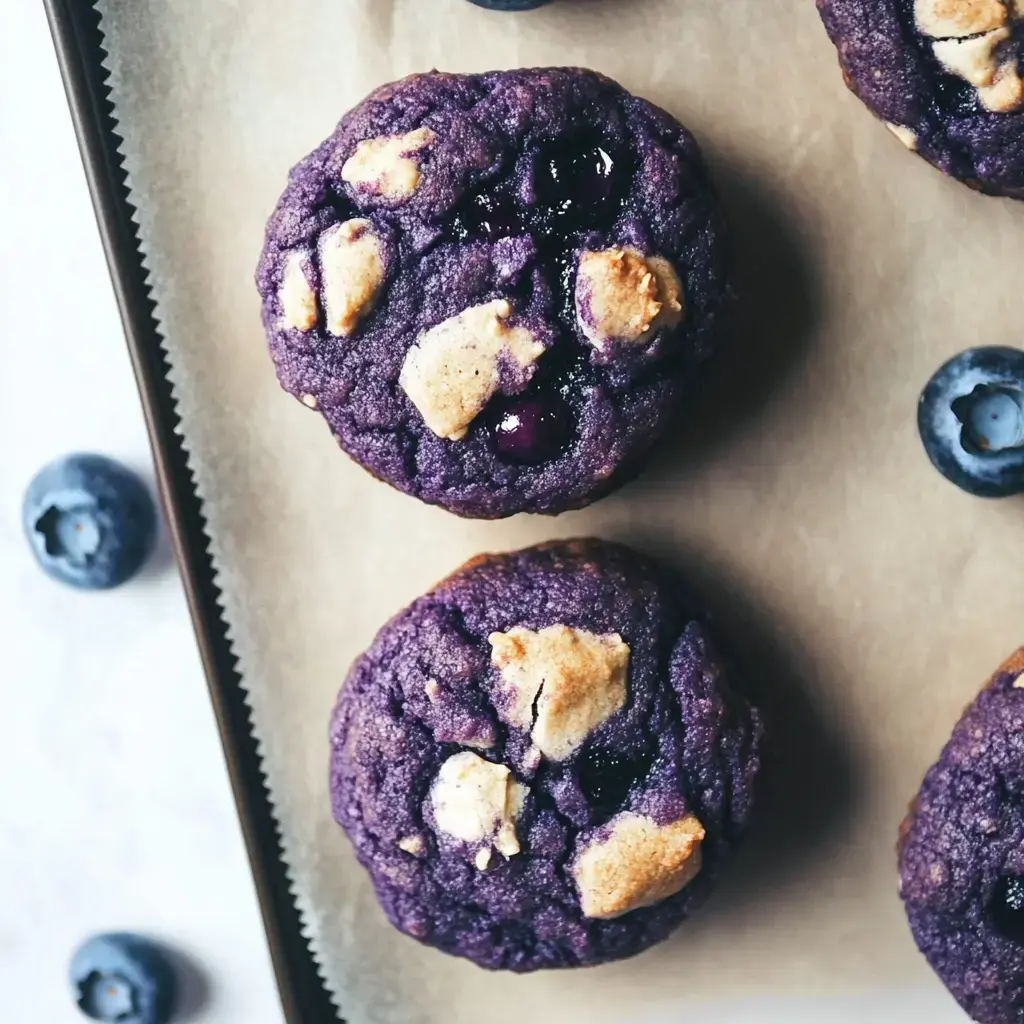 A tray of vibrant purple cookies with cookie dough pieces and blueberries arranged on parchment paper.