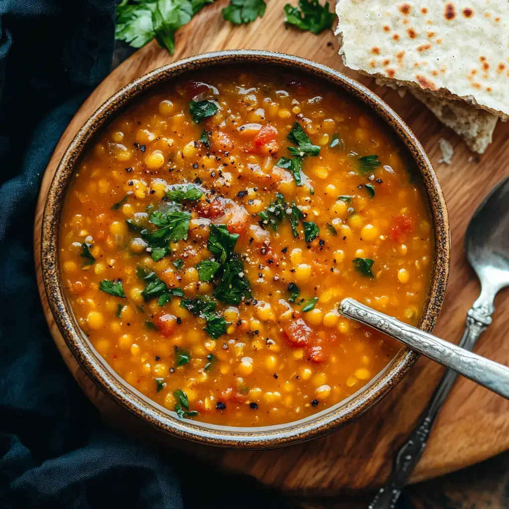 A wooden bowl of vibrant orange soup is topped with chopped herbs, accompanied by a piece of flatbread on a wooden surface.