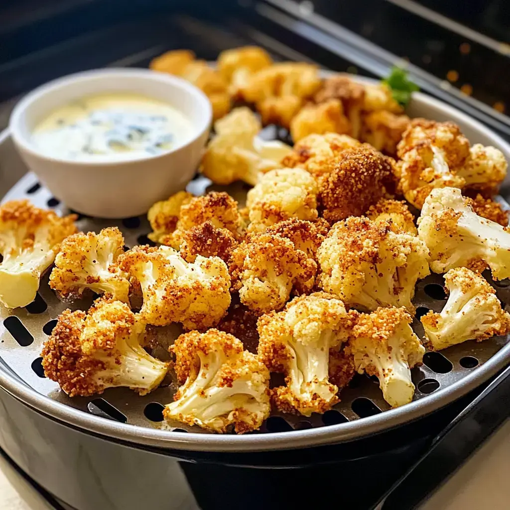 A plate of golden-brown, crispy cauliflower florets is served with a bowl of creamy dipping sauce.