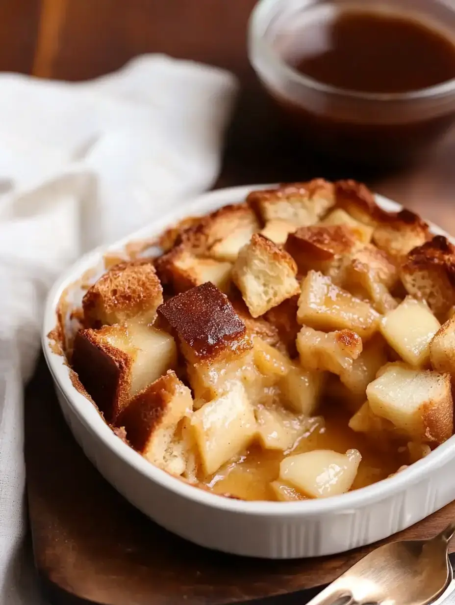 A close-up of a dish containing baked apple bread pudding, with golden-brown bread pieces and soft apple chunks, served alongside a bowl of caramel sauce.