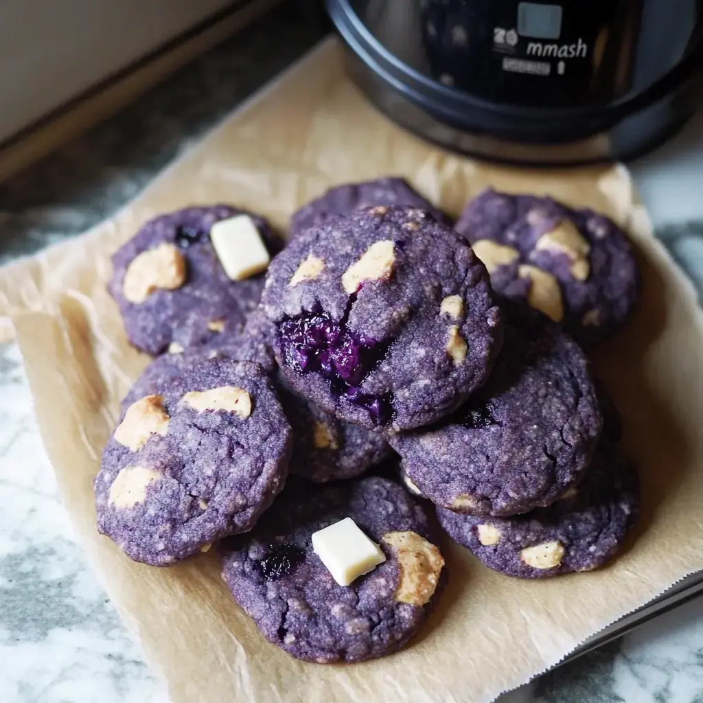 A close-up of a stack of purple cookies with white chocolate chunks and blueberry filling on a piece of parchment paper.