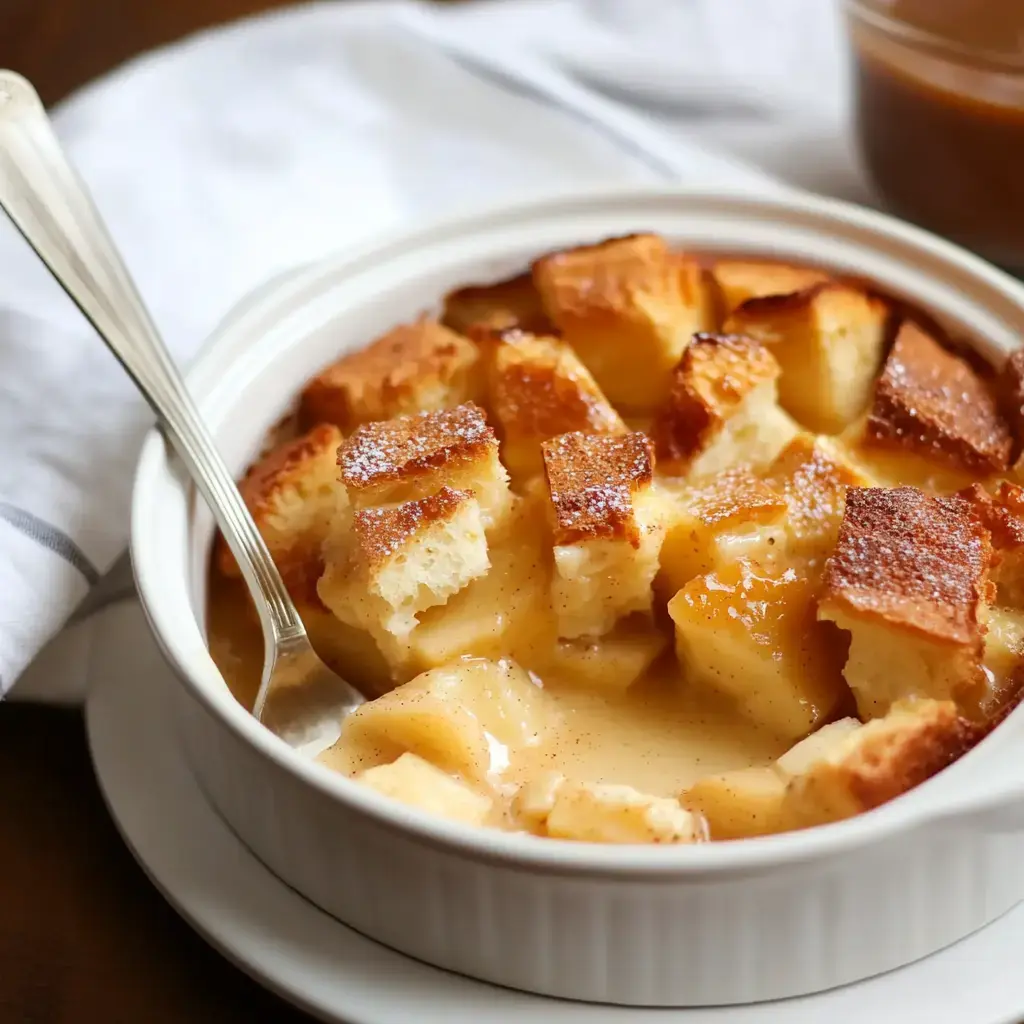 A baked bread pudding with golden-brown crust and a creamy sauce served in a white dish.