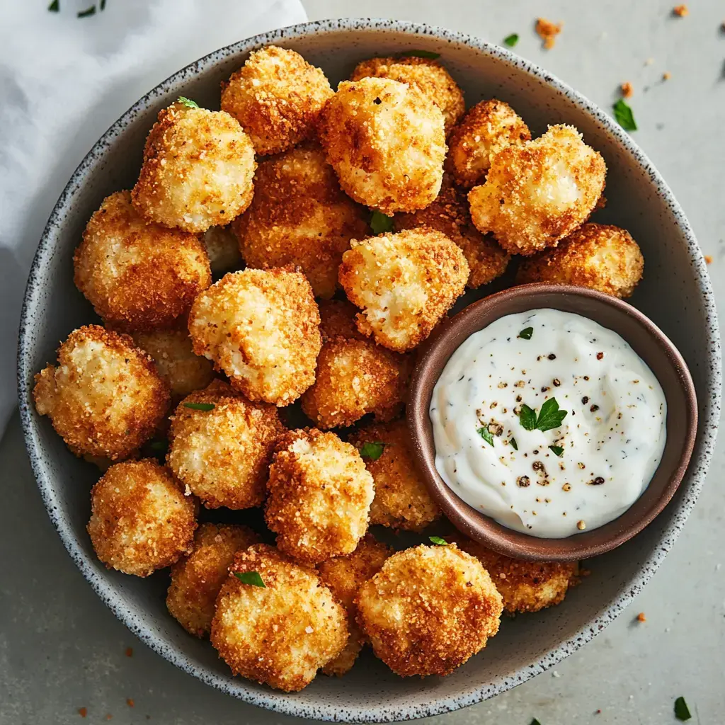 A bowl of golden, crispy breaded balls is surrounded by a small dish of creamy dipping sauce.