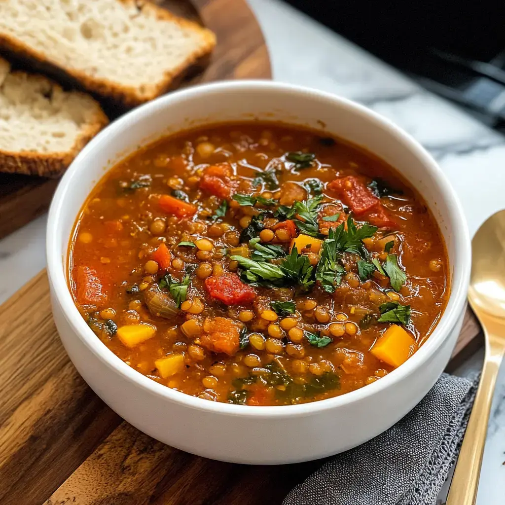 A bowl of hearty lentil soup with diced vegetables and fresh parsley, accompanied by slices of bread on a wooden surface.