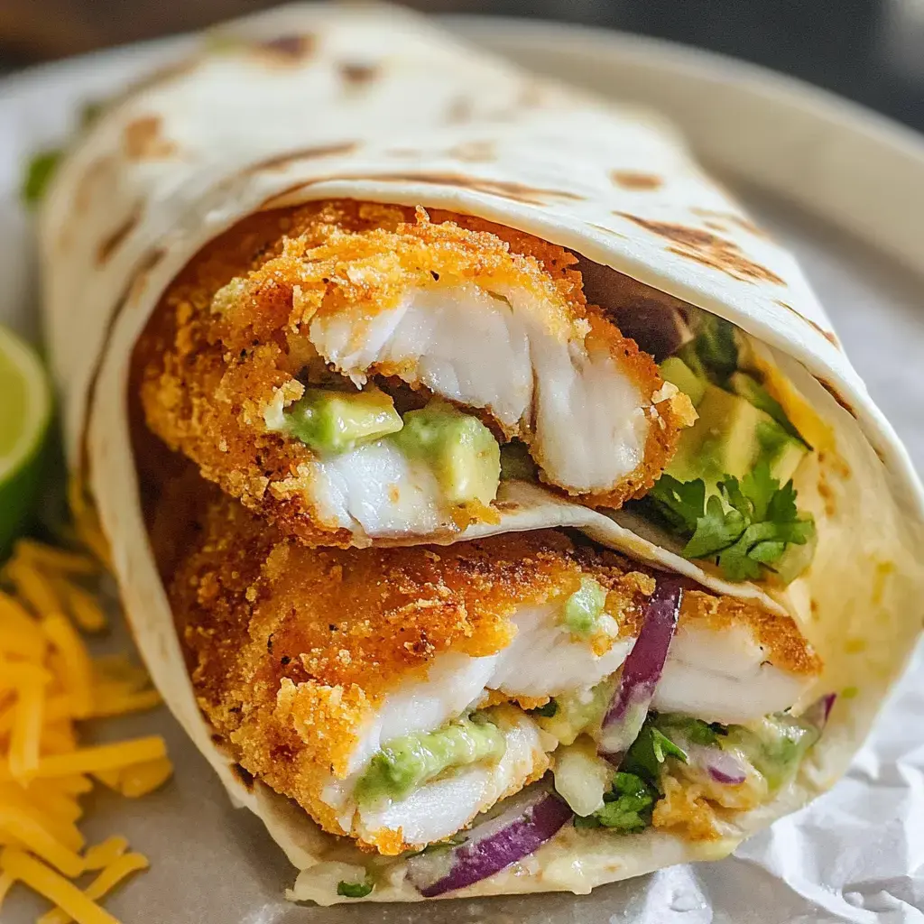 A close-up of a partially unwrapped burrito filled with crispy fish, avocado, red onion, and cilantro, accompanied by lime and shredded cheese on the side.