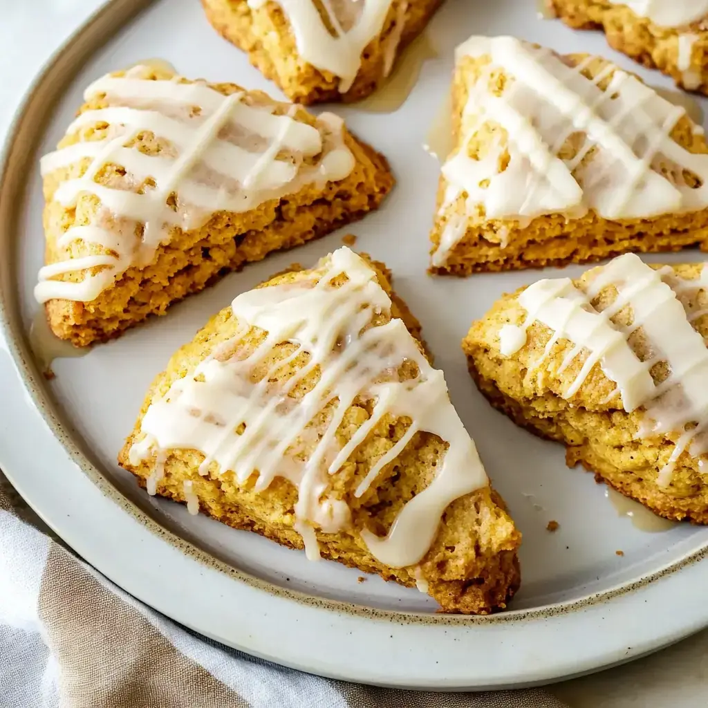 A plate of freshly baked triangular scones drizzled with a white icing.