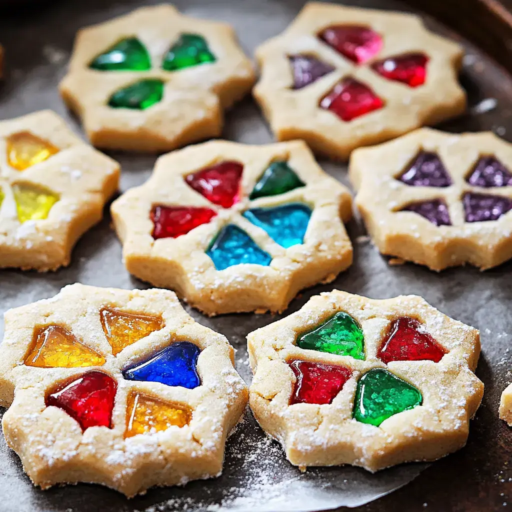 A tray of colorful, star-shaped cookies with jewel-like candy centers in various vibrant colors.