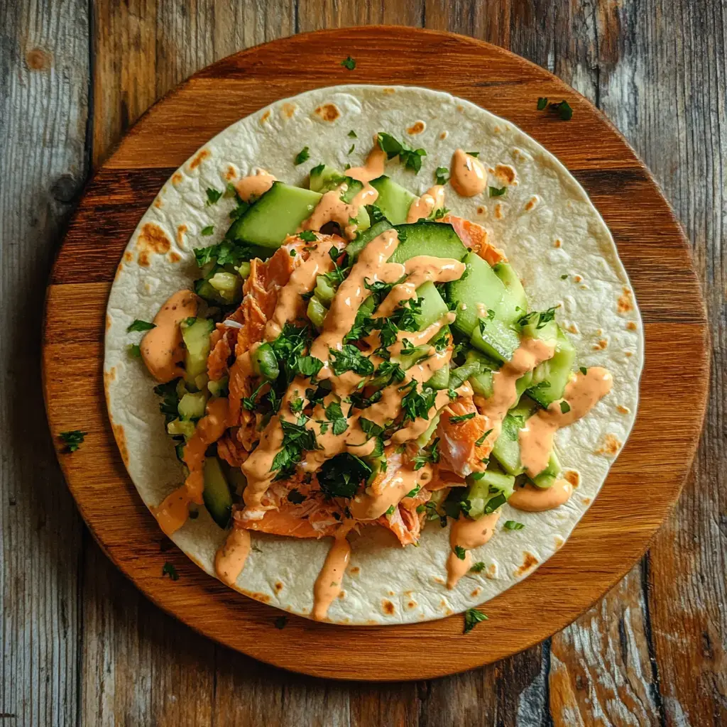 A tortilla topped with shredded salmon, diced cucumber, and drizzled with a creamy sauce, garnished with chopped herbs.