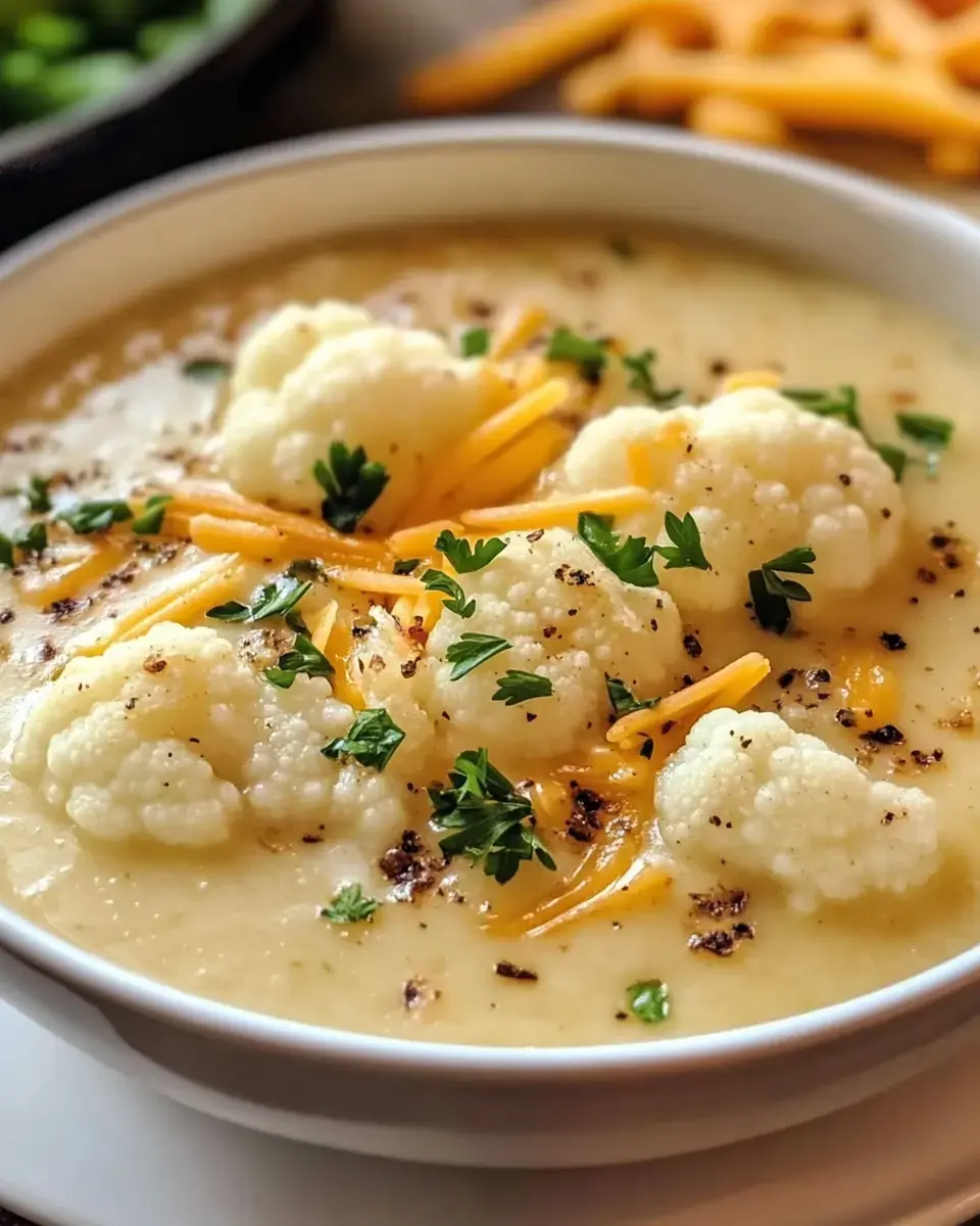 A creamy cauliflower soup topped with cauliflower florets, shredded cheese, and fresh parsley.