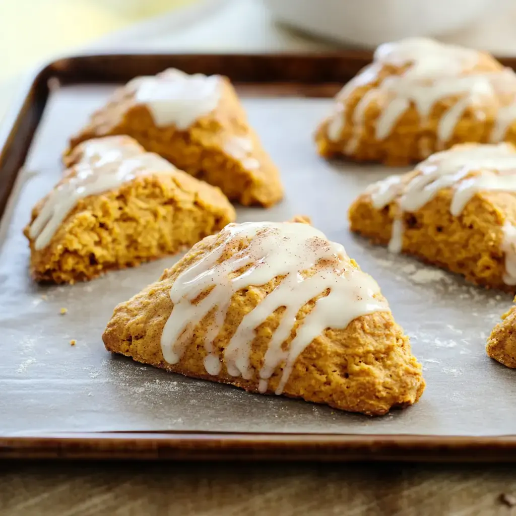 A tray of freshly baked pumpkin scones drizzled with white icing.