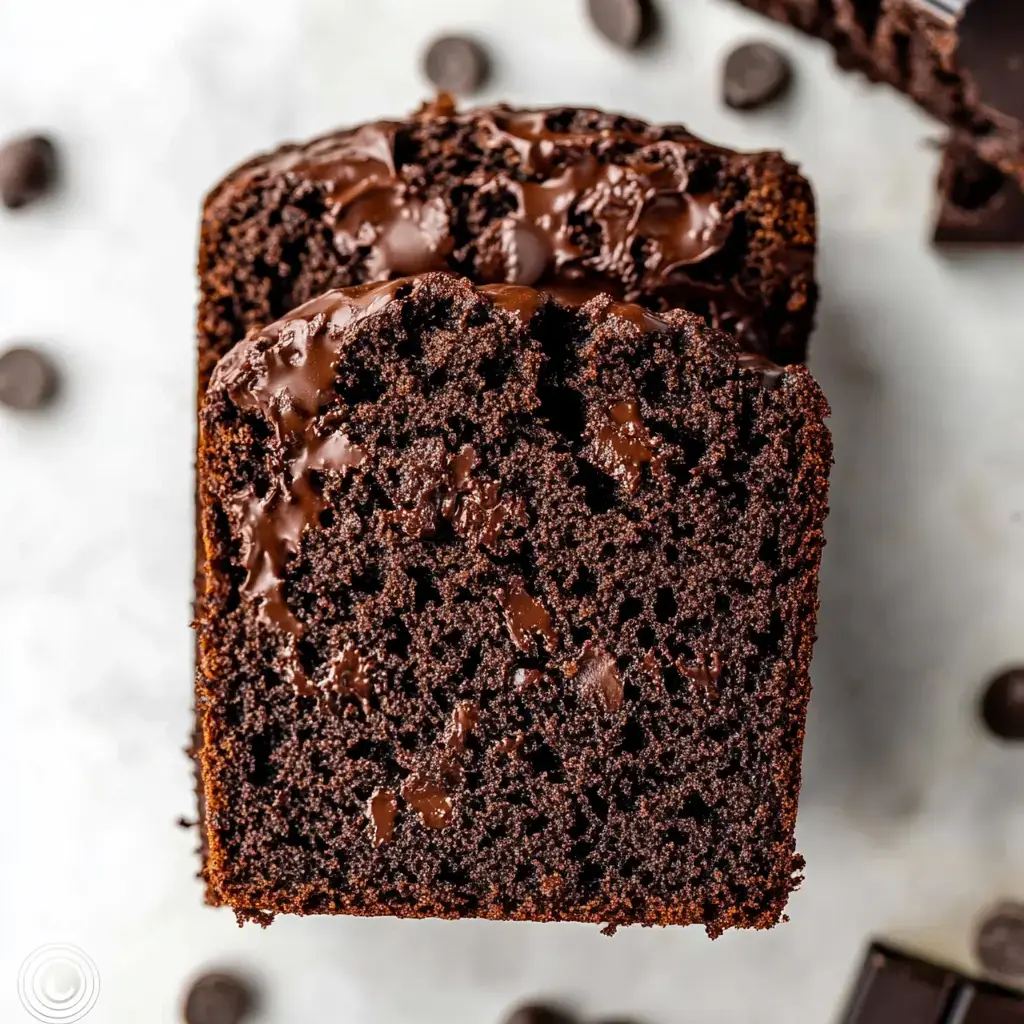 A close-up of a slice of rich chocolate loaf cake with melted chocolate topping, surrounded by chocolate chips.