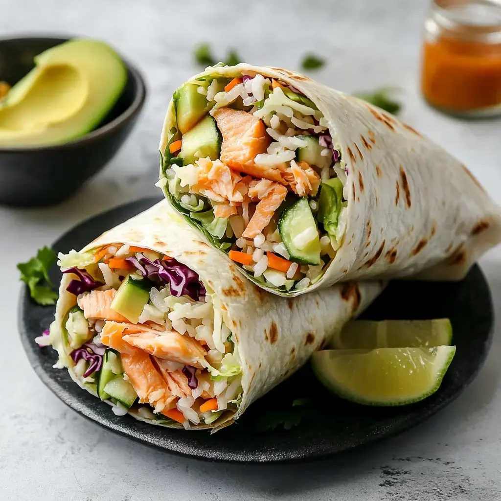 A close-up of two salmon and vegetable-filled wraps on a black plate, accompanied by lime wedges and avocado in the background.