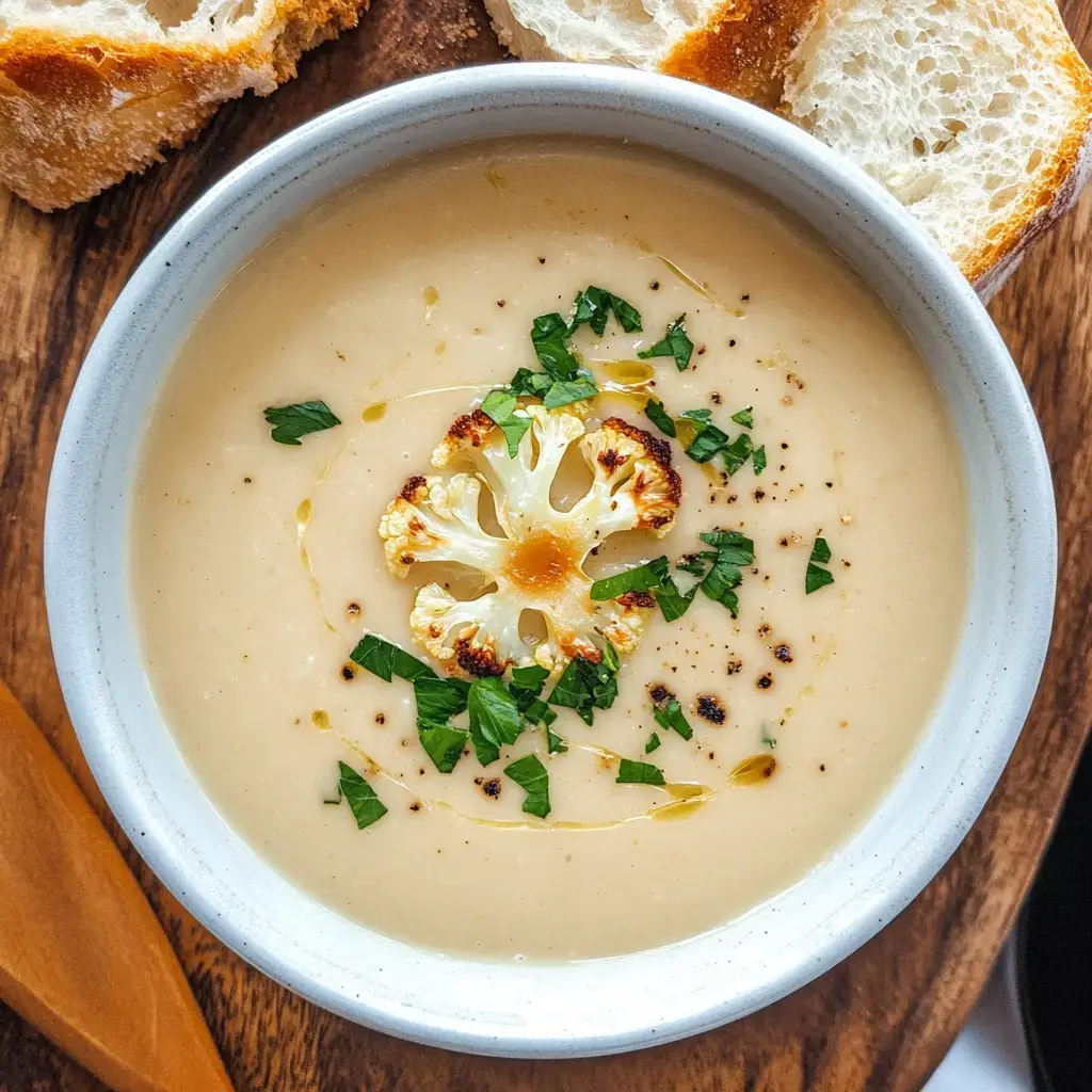 A creamy soup topped with a roasted cauliflower slice and fresh parsley, served with slices of bread on a wooden surface.