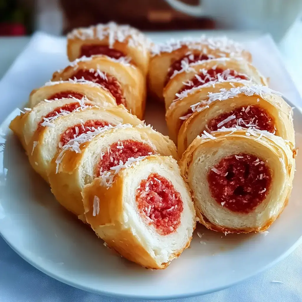 A plate of sliced pastries filled with a red filling and topped with shredded coconut.