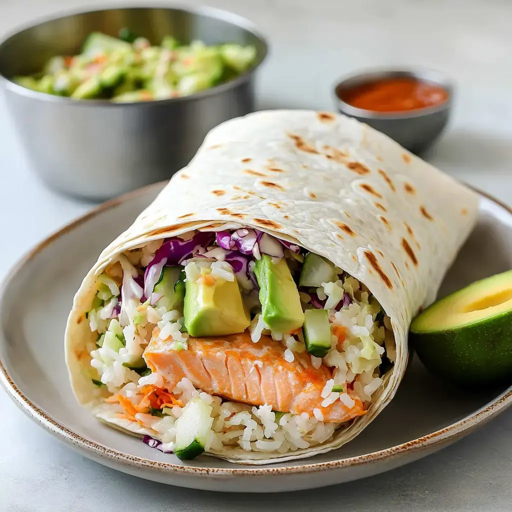 A freshly made wrap containing salmon, rice, avocado, and vegetables, served on a plate with an avocado half and a small bowl of sauce in the background.