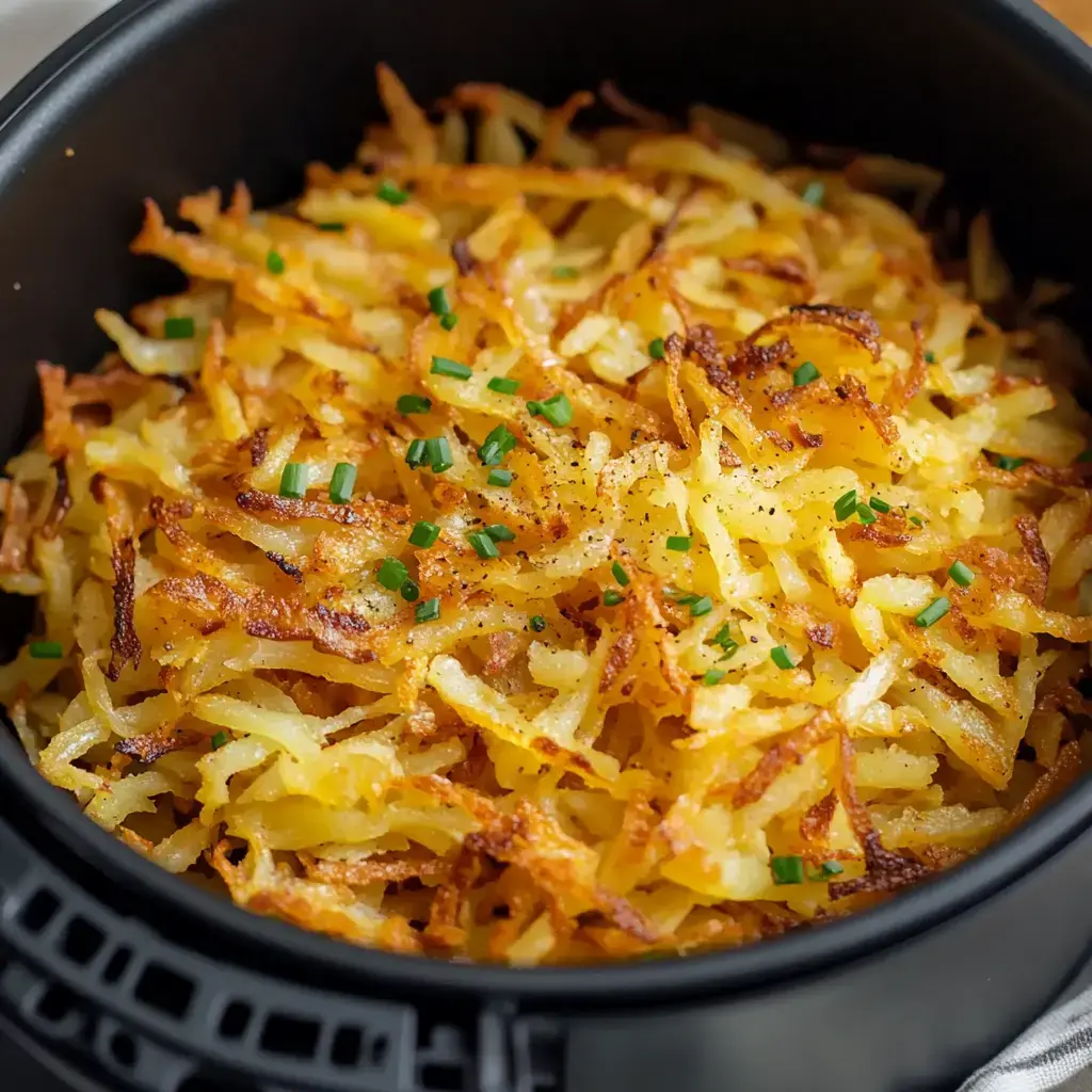 A close-up of crispy golden-brown hash browns topped with chopped chives in a black bowl.